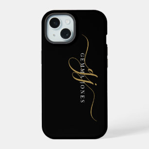 Stylish Script Monogram Initials Gold Black iPhone 15 Case