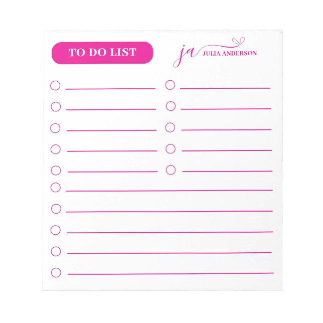 Stylish Script Monogram To Do List Hot Pink Notepad (Front)