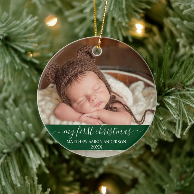 Stylish Script My First Christmas Baby Green Ceramic Ornament (Tree)
