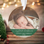 Stylish Script My First Christmas Baby Green Ornament<br><div class="desc">Elegant Stylish Trendy Script My First Christmas Baby Photo Green Ornament with Snowflakes back</div>