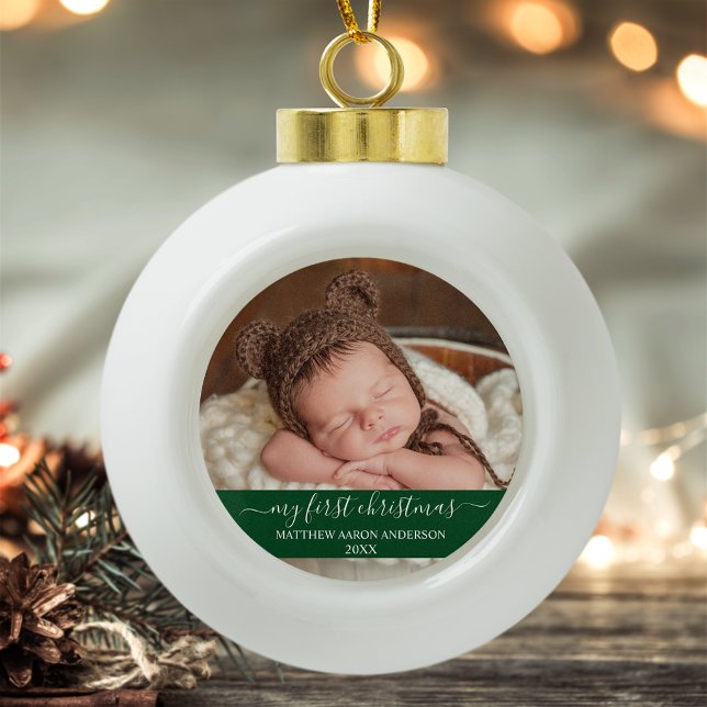 Stylish Script My First Christmas Baby Green Snowflake Pewter Christmas Ornament (Customize to change text size or style.)