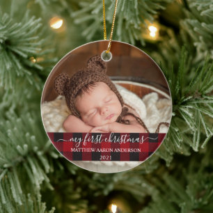 Stylish Script My First Christmas Baby Plaid Ceramic Ornament