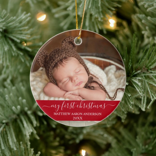 Stylish Script My First Christmas Baby Red Ceramic Ornament (Tree)