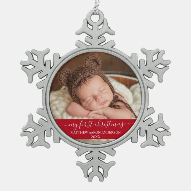 Stylish Script My First Christmas Baby Red Snowflake Pewter Christmas Ornament (Front)