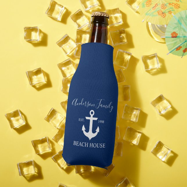 Stylish Script Nautical Anchor Beach House Blue Bottle Cooler (In Situ Summer)