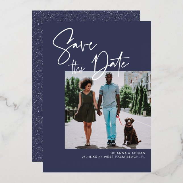 Stylish Script | Navy & Silver Wedding Photo (Front/Back)