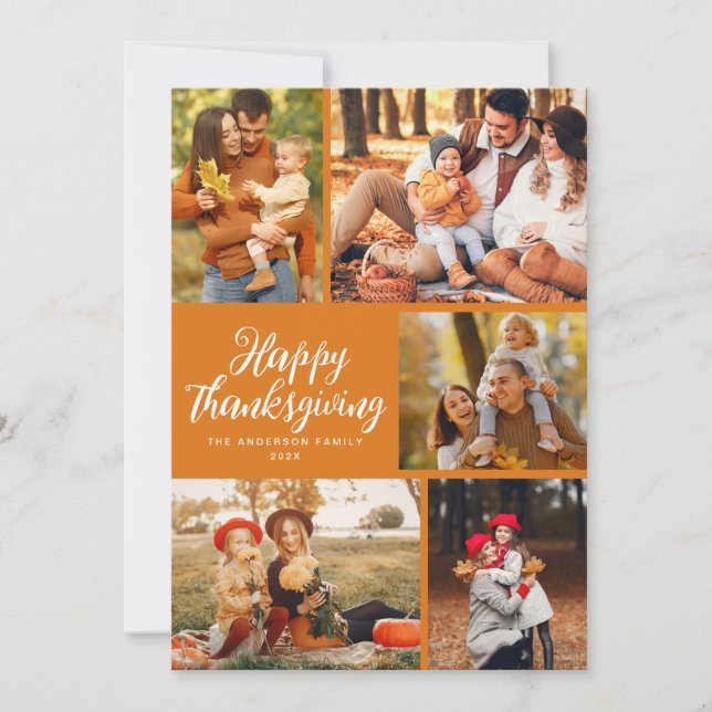 Stylish script orange thanksgiving photo holiday card (Front)
