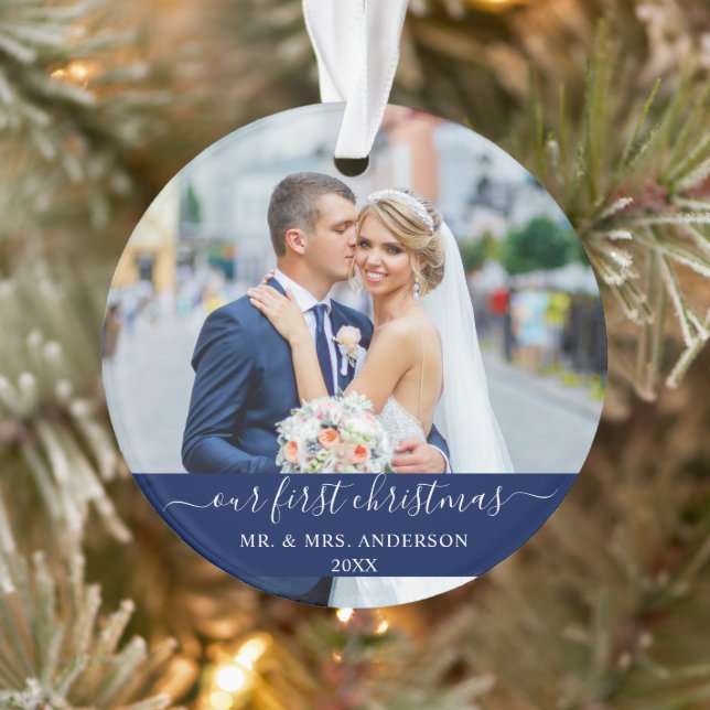 Stylish Script Our First Christmas Blue Ornament (Tree)