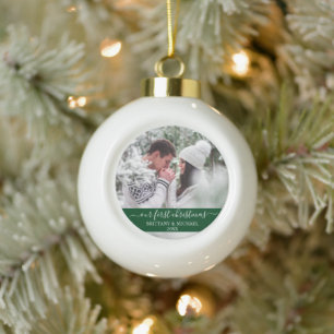Stylish Script Our First Christmas Couple Green Ceramic Ball Christmas Ornament