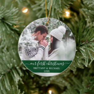 Stylish Script Our First Christmas Couple Green Ceramic Ornament