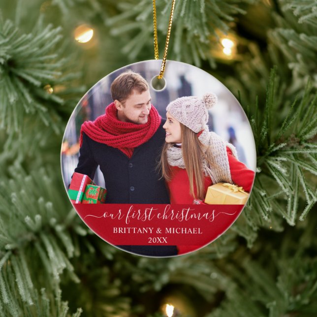 Stylish Script Our First Christmas Couple Red Ceramic Ornament (Tree)