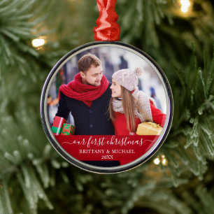 Stylish Script Our First Christmas Couple Red Metal Ornament