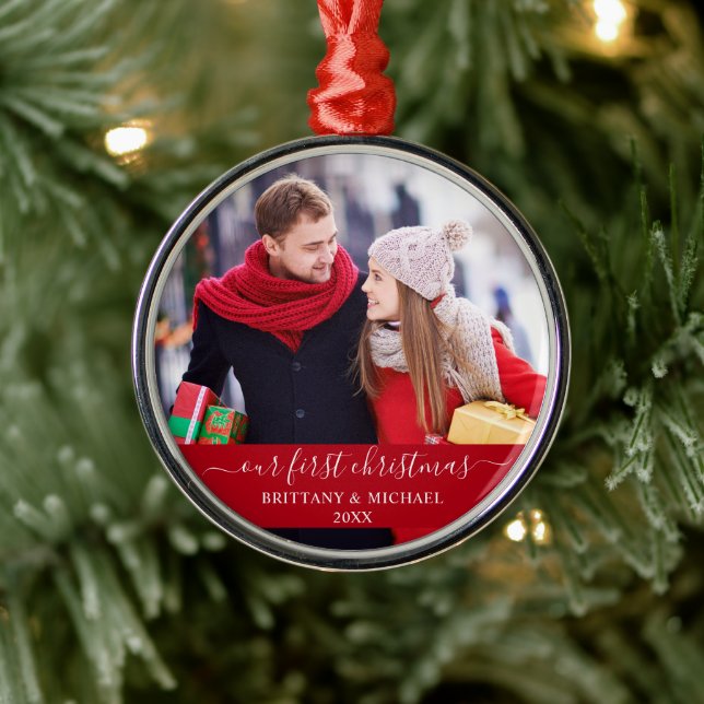 Stylish Script Our First Christmas Couple Red Metal Ornament (Tree)