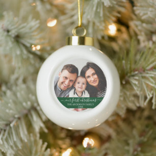 Stylish Script Our First Christmas Family Green Ceramic Ball Christmas Ornament