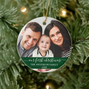 Stylish Script Our First Christmas Family Green Ceramic Ornament