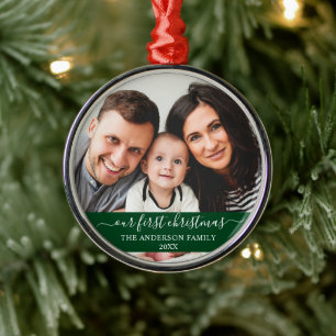 Stylish Script Our First Christmas Family Green Metal Ornament