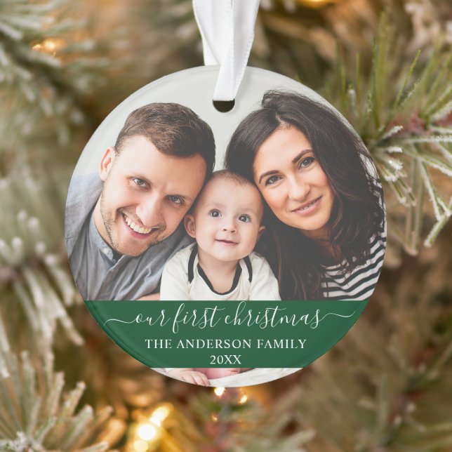 Stylish Script Our First Christmas Family Green Ornament (Tree)