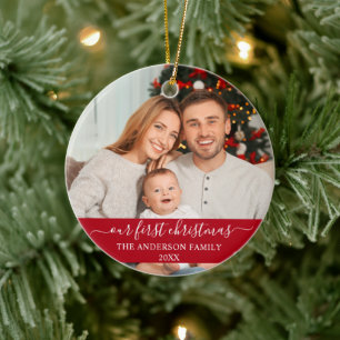 Stylish Script Our First Christmas Family Red Ceramic Ornament