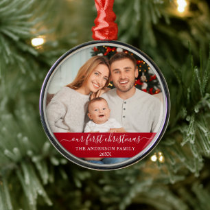 Stylish Script Our First Christmas Family Red Metal Ornament