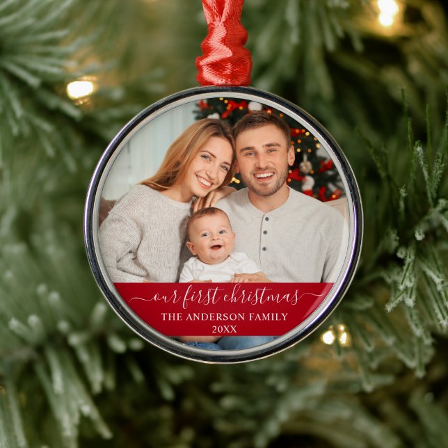 Stylish Script Our First Christmas Family Red Metal Ornament (Tree)