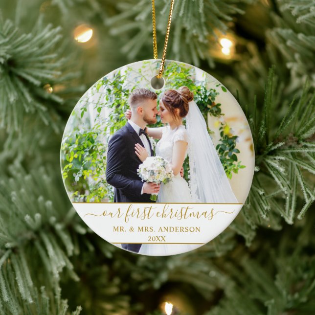 Stylish Script Our First Christmas Gold Ceramic Ornament (Tree)