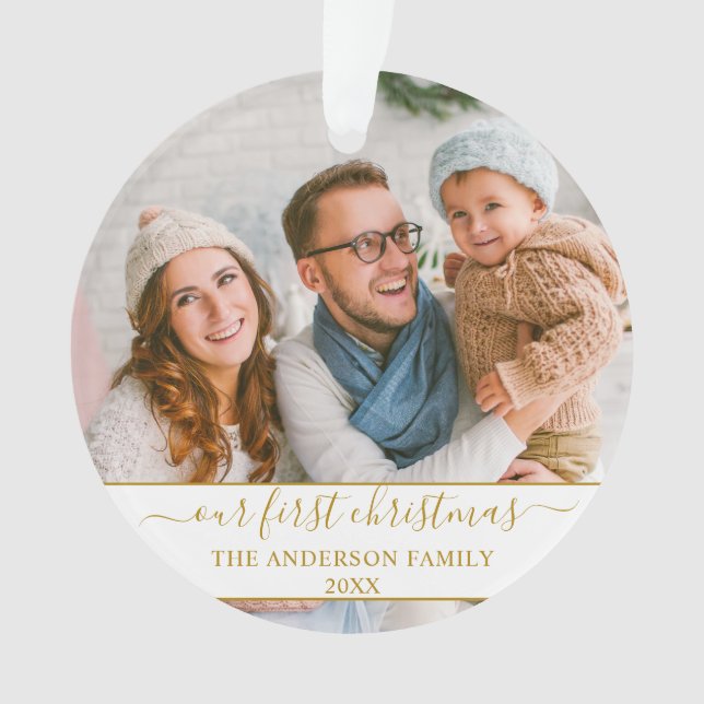 Stylish Script Our First Christmas Gold Family Ornament (Front)