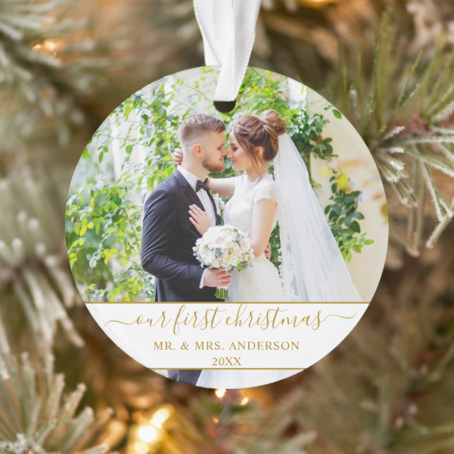 Stylish Script Our First Christmas Gold Ornament (Tree)