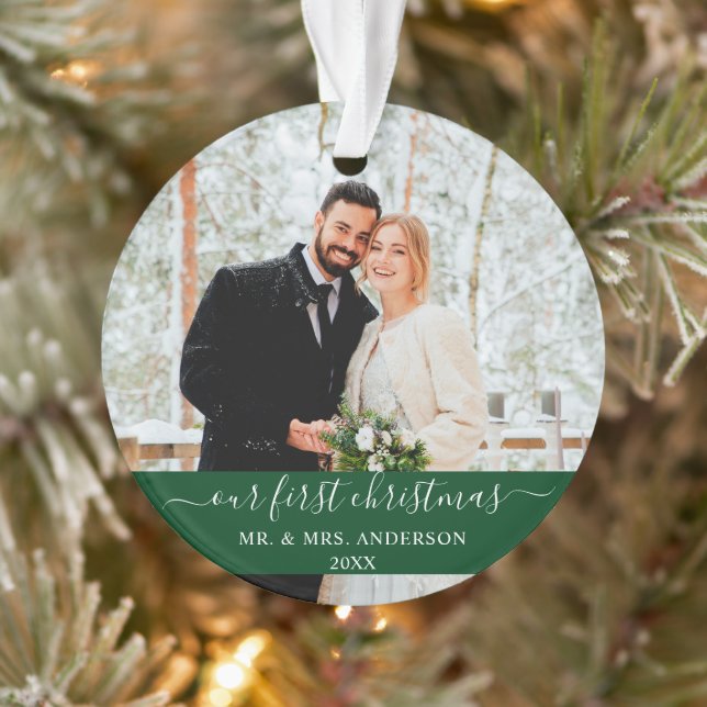 Stylish Script Our First Christmas Green Ornament (Tree)