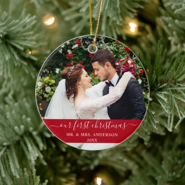 Stylish Script Our First Christmas Red Ceramic Ornament (Tree)