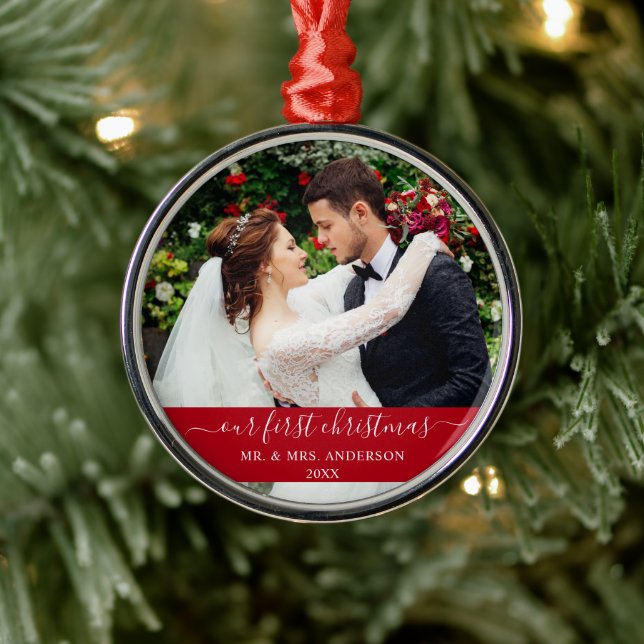 Stylish Script Our First Christmas Red Metal Ornament (Tree)