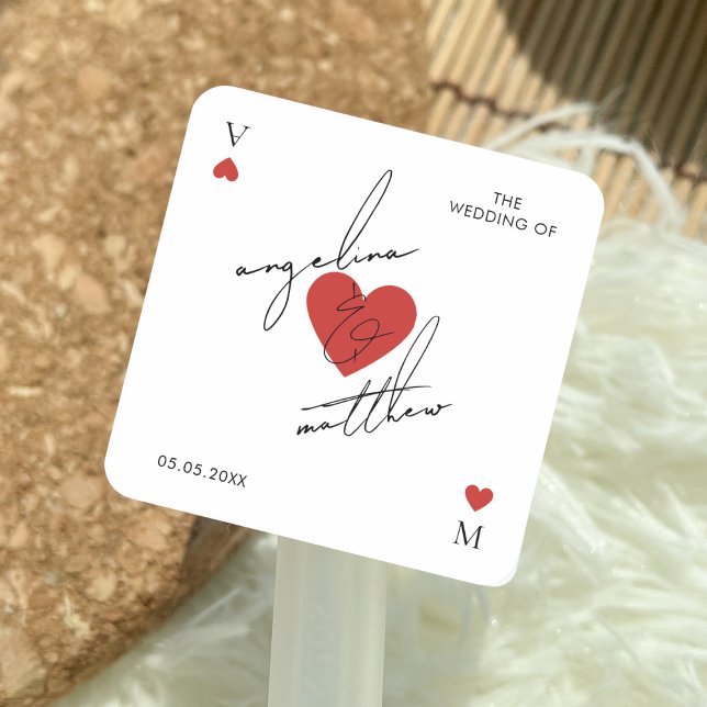 Stylish Script Playing Card Casino Vegas Wedding Square Sticker (Creator Uploaded)