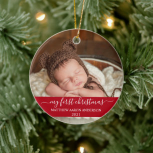 Stylish Script Red My First Christmas Baby Ceramic Ornament