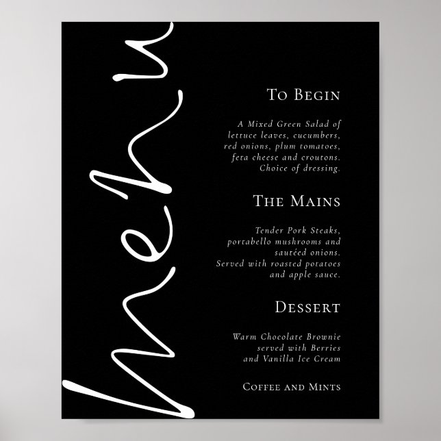 Stylish Script Simple Black Wedding Menu Poster (Front)