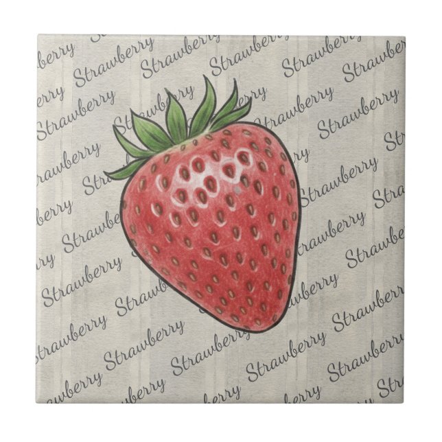 Stylish script text based background Strawberry Ceramic Tile (Front)