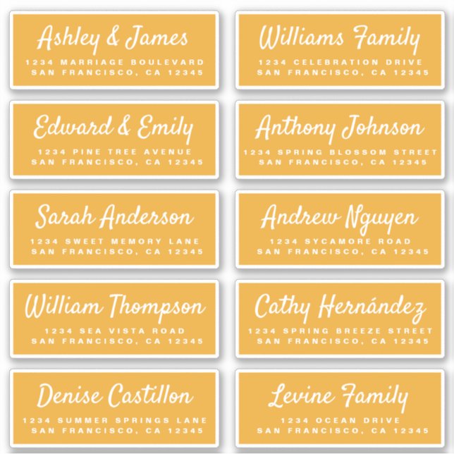 Stylish Script Yellow Wedding Guest Address Labels (Front)