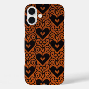 Stylish Scroll and Black Hearts on Copper iPhone 16 Plus Case