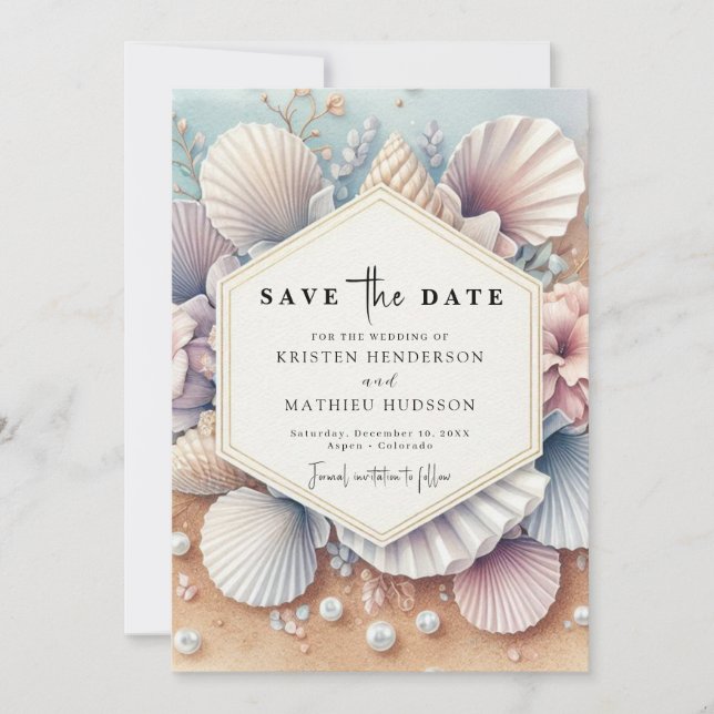 Stylish Seashell Beach Wedding Save The Date (Front)