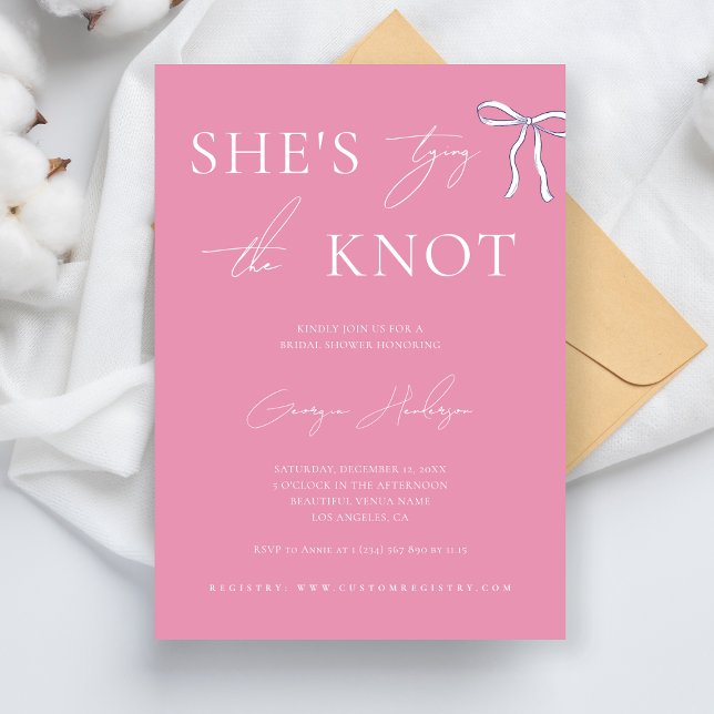 Stylish She is Tying the Knot Pink Bridal Shower Invitation (Creator Uploaded)