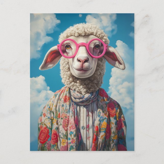 Stylish Sheep Pink Glasses Floral Attire Blue Sky Postcard (Front)