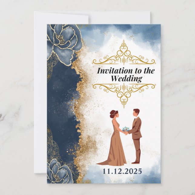 Stylish Silhouette Couple Wedding Invitation (Navy (Front)