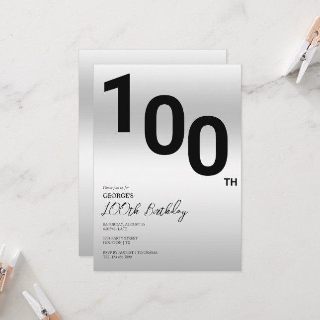 Stylish Silver 100th Birthday Party Invitation (Front/Back In Situ)