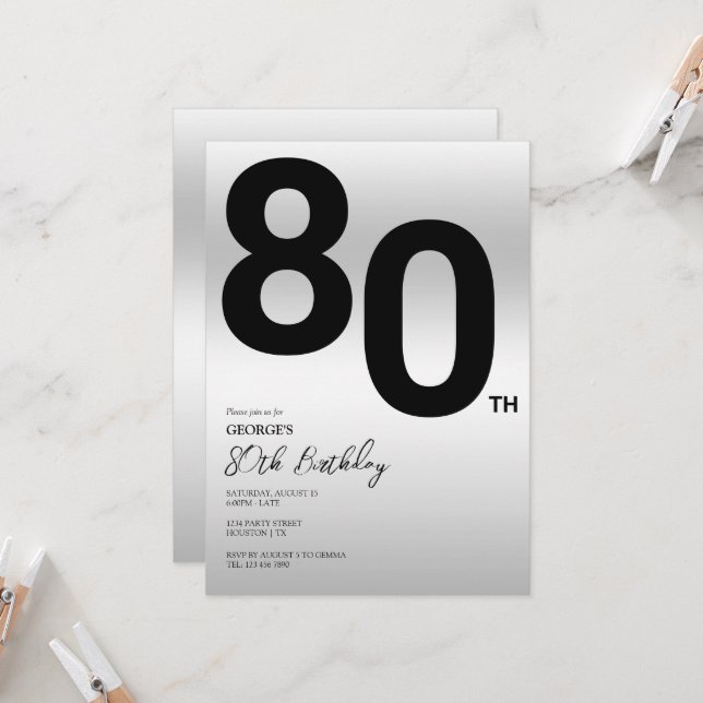 Stylish Silver 80th Birthday Party Invitation (Front/Back In Situ)