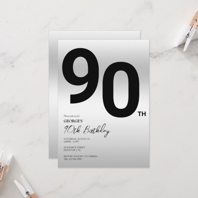 Stylish Silver 90th Birthday Party Invitation (Front/Back In Situ)