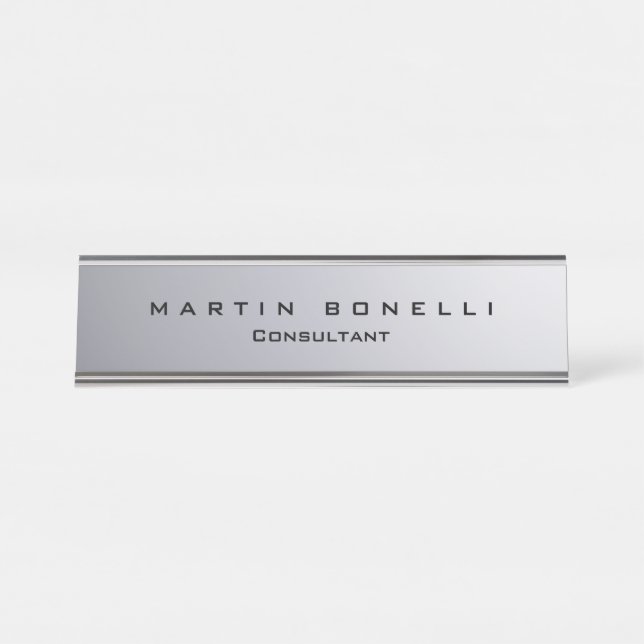 Stylish Silver Background Plain Customisable Desk Name Plate (Front)