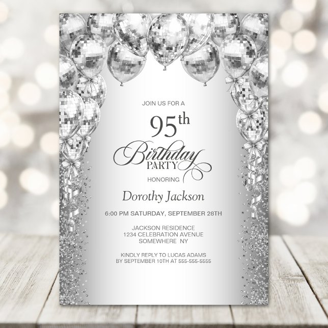 Stylish Silver Balloons 95th Birthday Party Invitation (Creator Uploaded)