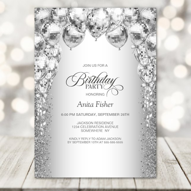 Stylish Silver Balloons Any Age Birthday Party Invitation (Creator Uploaded)