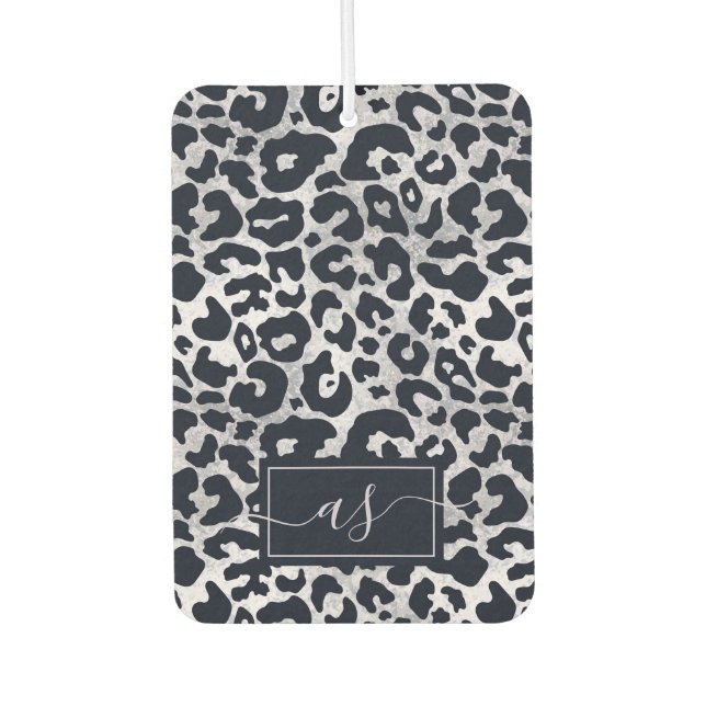 Stylish Silver Black Leopard Print Monogrammed Car Air Freshener (Front)