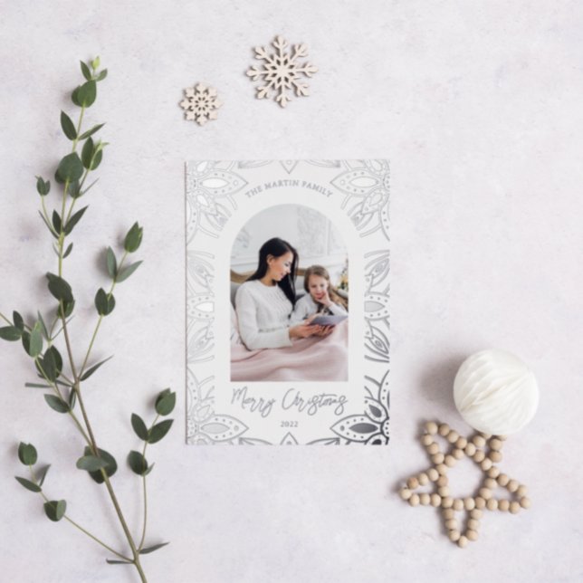 Stylish Silver Botanical Frame Two Photo Christmas Foil Holiday Card (Creator Uploaded)