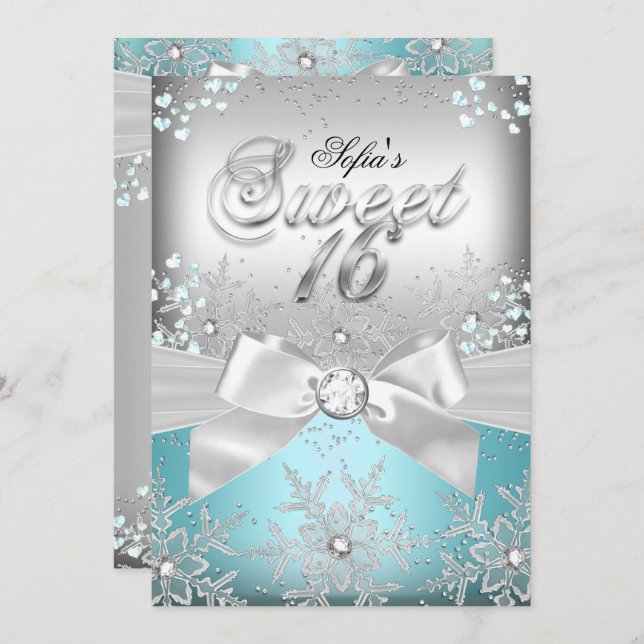Stylish Silver Bow Blue Jewel Sweet Sixteen Invite (Front/Back)