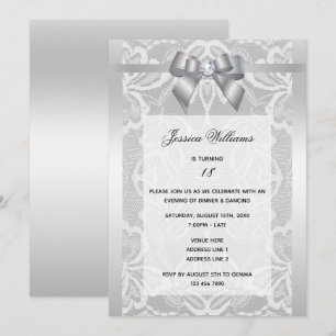 Stylish Silver Bow & Lace Birthday Invitation
